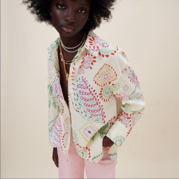 Zara Button Down Shirt L NWT Summer Print Linen Blend Bohemian - Picture 2 of 14